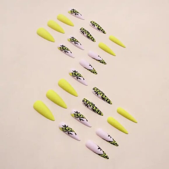 Nails Stiletto Fake Press On 24 Leopard Trendy Stylish Matte Sexy Glam Yellow - Picture 3 of 5